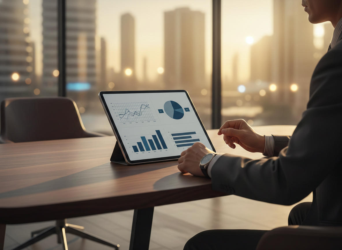 A minimalist, high-quality photograph of a tablet on a slate-gray desk displaying a clean blue financial growth chart. A fountain pen rests nearby against a blurred walnut wood background. Sophisticated and calm editorial style for a legal blog