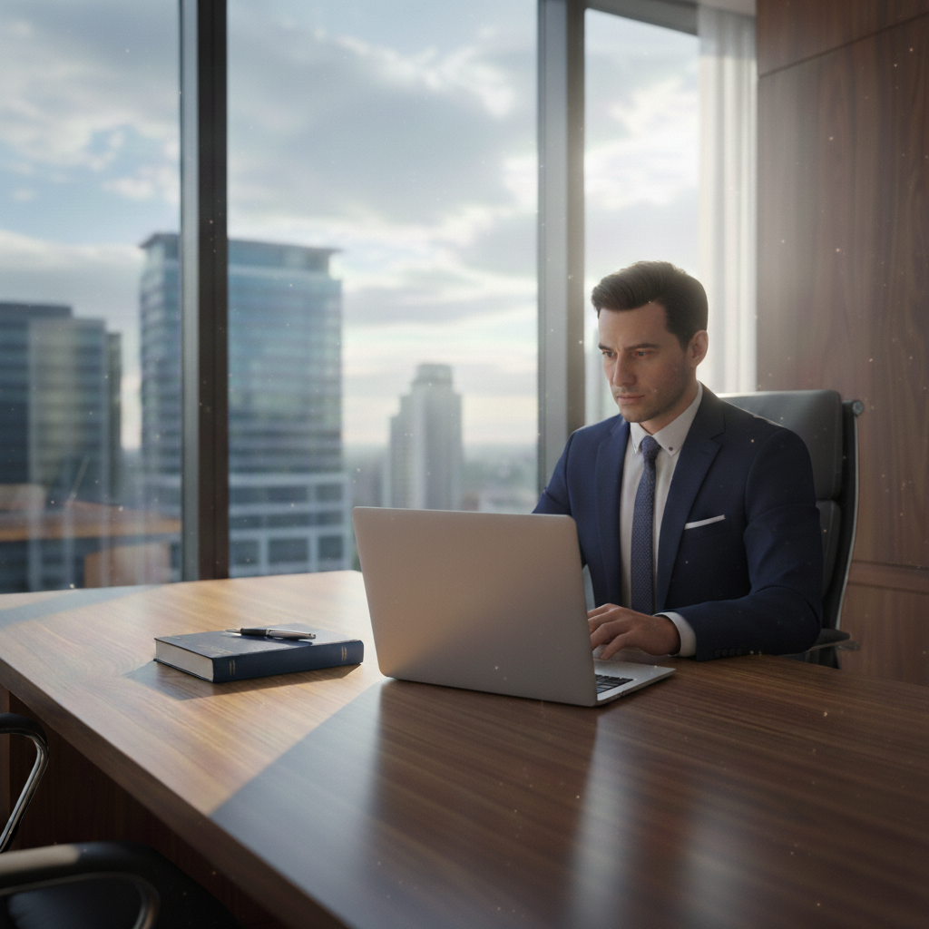 A high-end smartphone resting on a slate-gray desk next to a glass of water. The screen shows a clean, modern legal intake chat interface with a reassuring greeting. Walnut wood background with soft morning light.