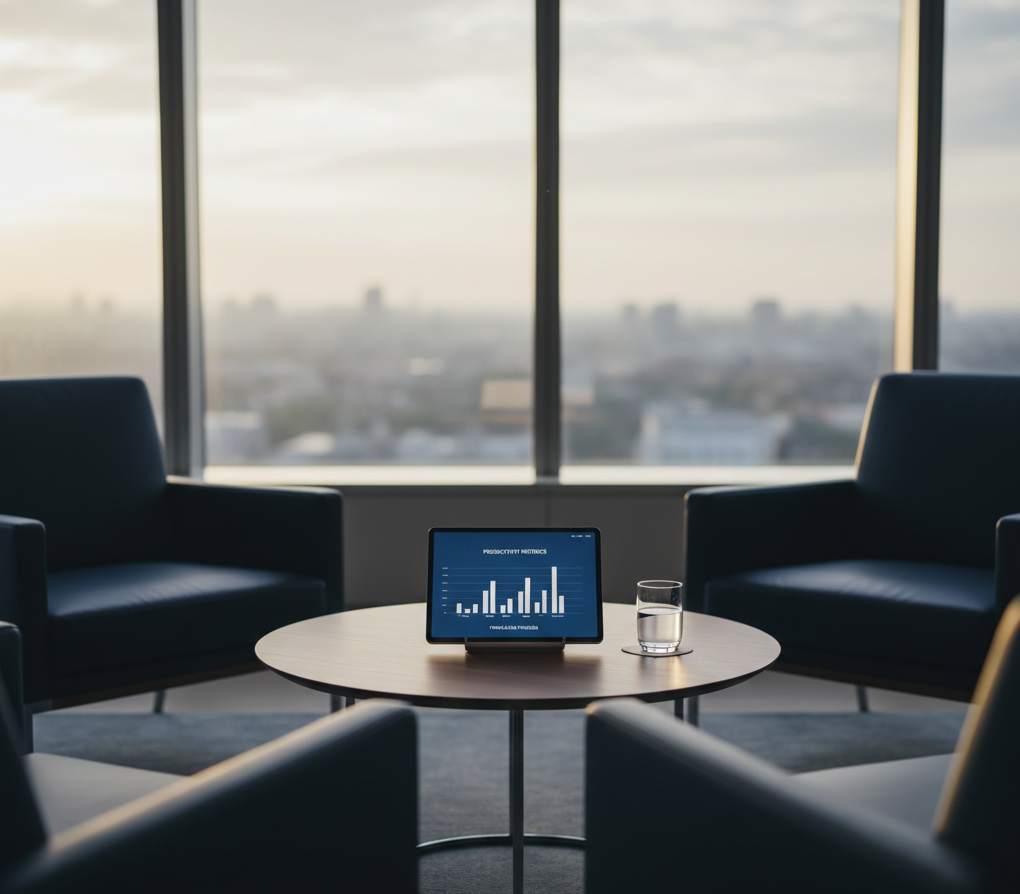 A high-end modern law firm lounge with navy chairs and a walnut table. A tablet on the table displays a simplified productivity chart. The atmosphere is minimal and sophisticated with soft morning light