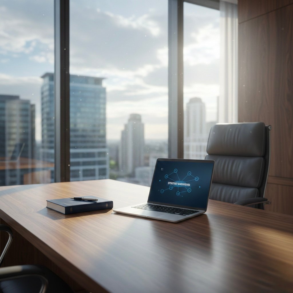 Modern law office desk with a walnut finish featuring a laptop with a clean data dashboard, a blue legal journal, and a fountain pen against a cityscape background. Representing clarity and Al strategy for law firms.