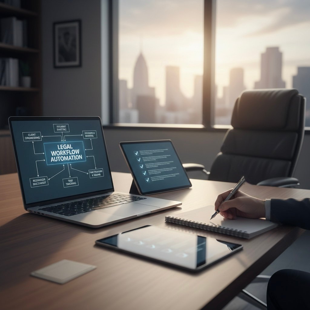 High-quality editorial photograph of a modern law office featuring a clean walnut desk with a laptop displaying an AI workflow dashboard, a navy blue legal journal, and a sleek fountain pen. Soft cinematic lighting with a cityscape in the background, representing clarity and professional legal automation.