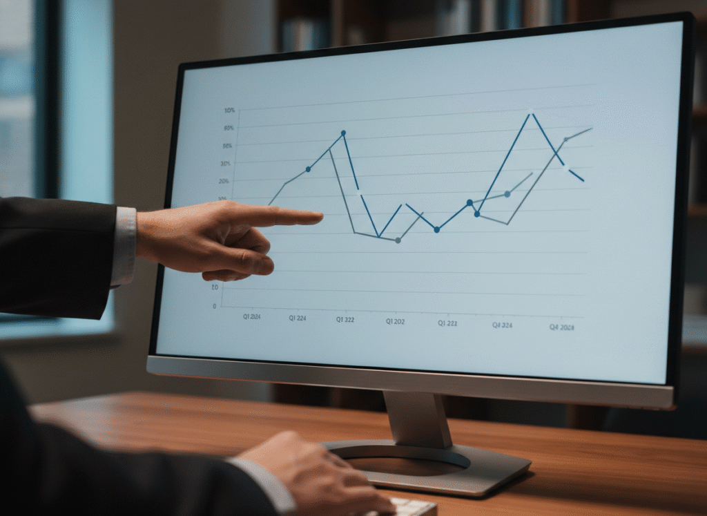 A professional in a suit pointing to a computer monitor displaying a "Data Analytics: Financial Performance" chart with lines for Matter Profitability and Realization Rate. The setting is a clean, modern office with a walnut desk