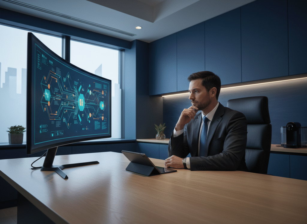 A sleek, minimalist workspace with a large curved monitor displaying a clean document automation workflow. Deep blue and slate gray aesthetic with clean lines and no clutter.