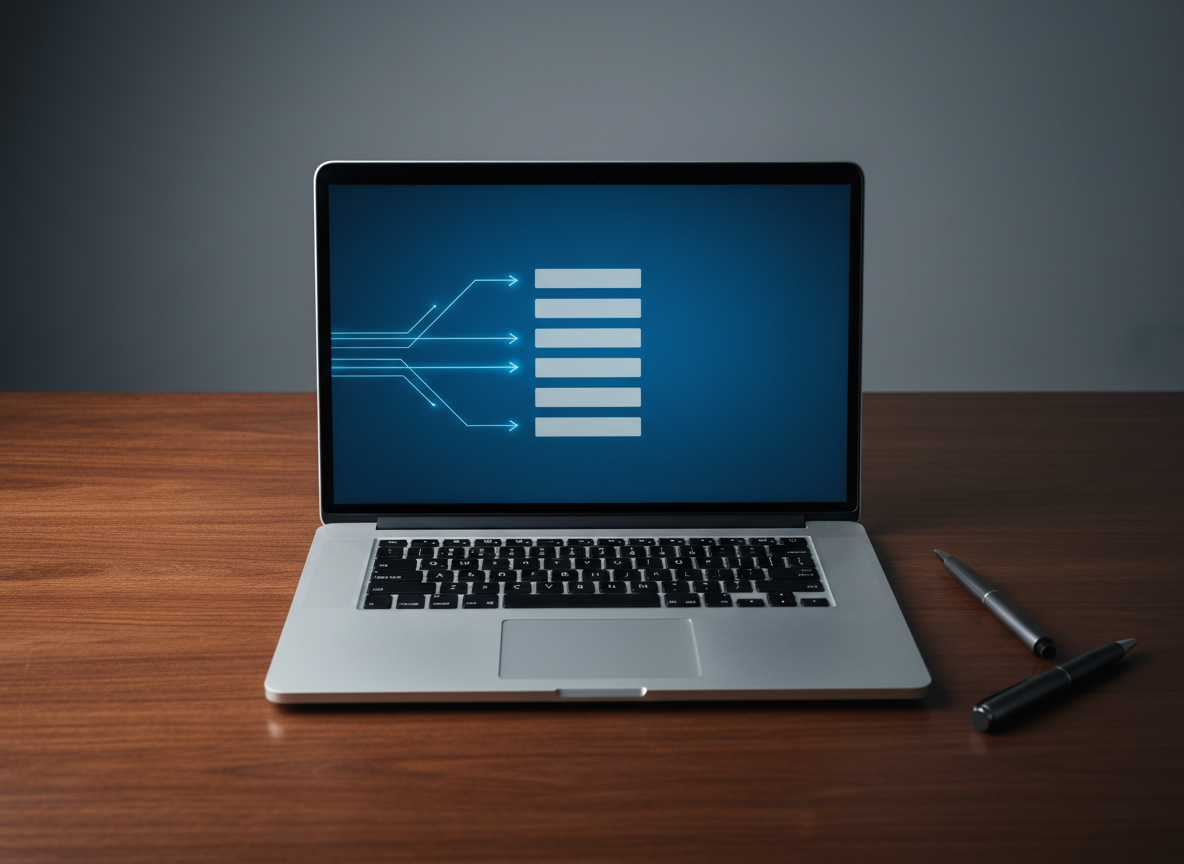 A law A laptop on a walnut desk displaying a glowing blue digital intake abstraction. The screen shows lines converging into a structured list, representing lead capture and data organization
