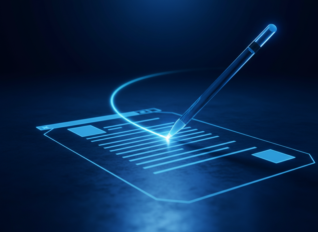 A futuristic digital glowing blue pen signing an electronic law document. The image uses cinematic blue lighting on a dark, professional background to represent secure e-signature automation.