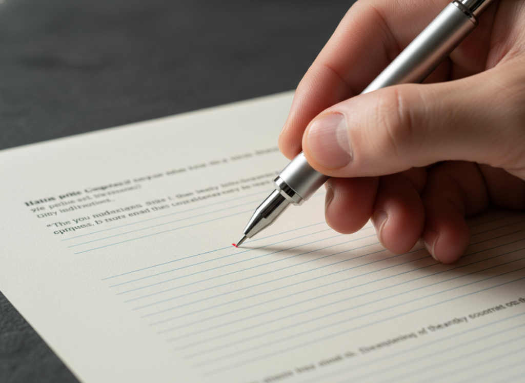Close-up of a lawyer’s hand holding a high-end pen over a legal document, with a modern tablet nearby showing an AI analysis of contract clauses. Warm walnut desk and slate gray background.