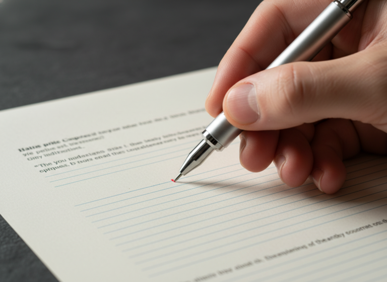 Close-up of a lawyer’s hand holding a high-end pen over a legal document, with a modern tablet nearby showing an AI analysis of contract clauses. Warm walnut desk and slate gray background.