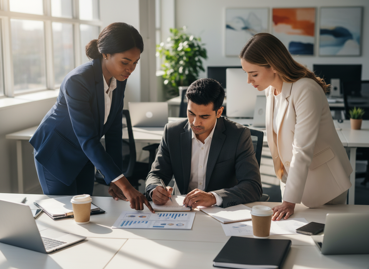 A high-end, minimalist law firm boardroom at night featuring a large wall-mounted monitor displaying clean, textless data visualizations, including a pie chart and line graphs in teal and navy blue.
