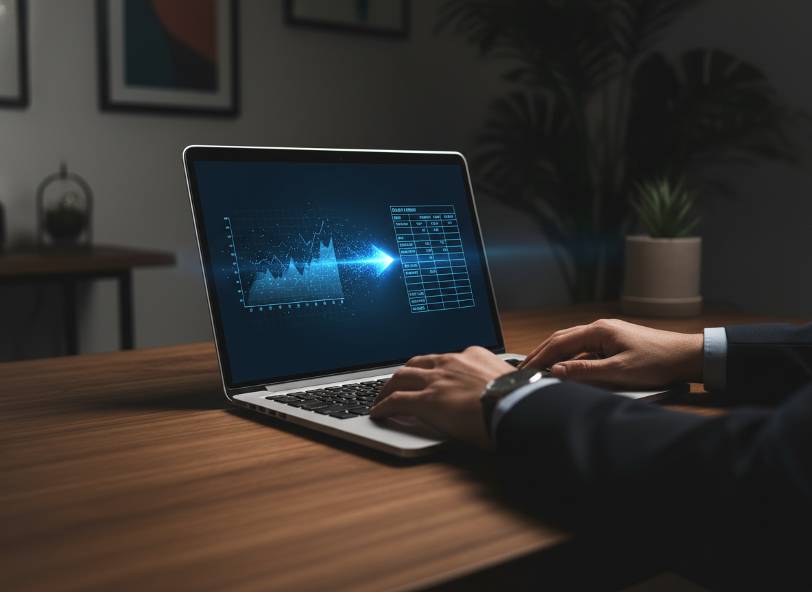 lose-up of a person in a suit using a laptop on a walnut desk. The screen displays a glowing blue digital data flow moving from a graph into a structured table, representing automated legal billing and data entry.
