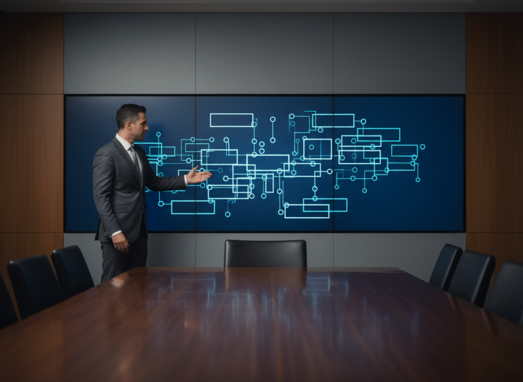 A close-up of a modern laptop screen in a sophisticated, dimly lit office. The screen shows a glowing blue digital abstraction of a data pipeline converging into a single, efficient path. Deep blue and charcoal tones with soft cinematic lighting