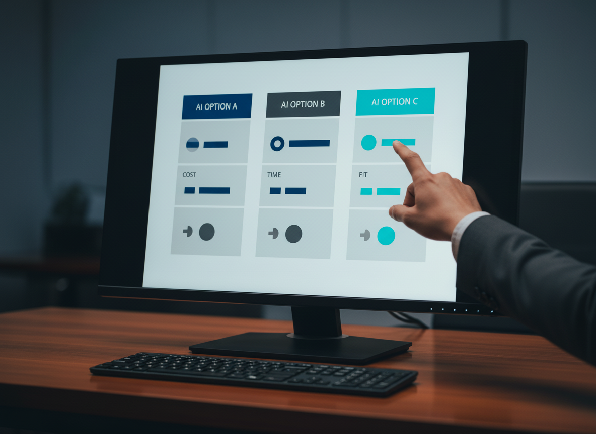 A close-up of a person's hand pointing at a computer monitor that displays three distinct "AI Option" columns. Each column includes metrics for Cost, Time, and Fit, representing a strategic AI software evaluation process.