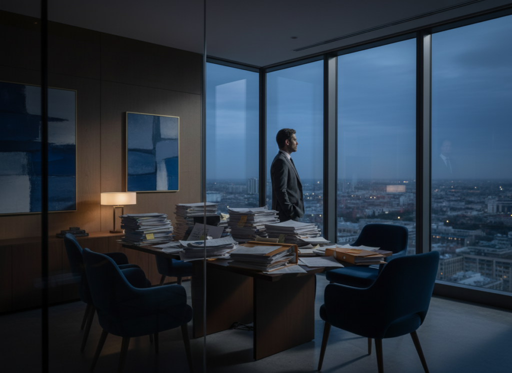 A law firm partner in a suit stands by a window at dusk, looking out at the city. His large conference table is covered in high stacks of cluttered paper files and sticky notes, representing operational inefficiency