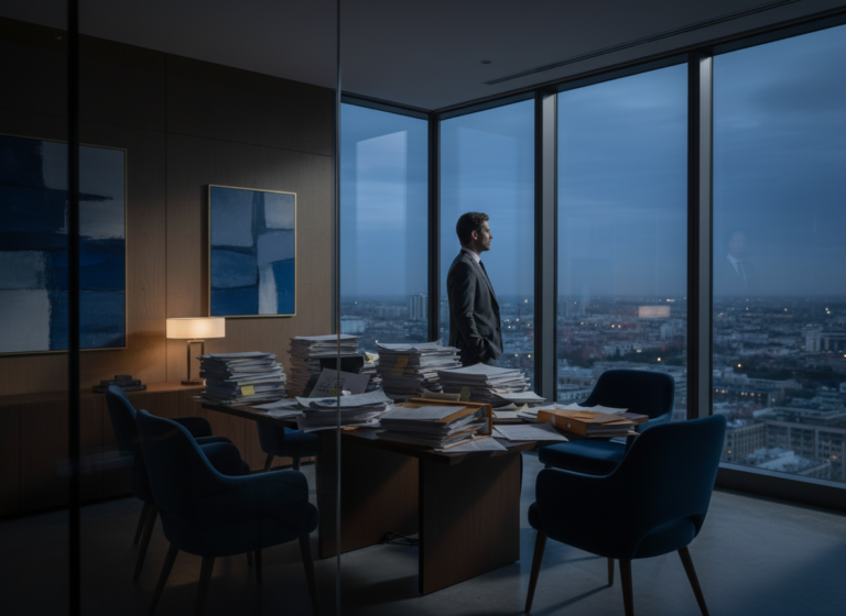 A law firm partner in a suit stands by a window at dusk, looking out at the city. His large conference table is covered in high stacks of cluttered paper files and sticky notes, representing operational inefficiency