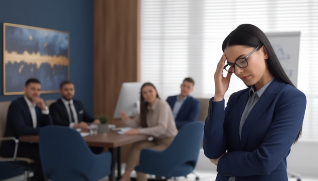 female attorney in a navy blazer stands in the foreground of a modern office, holding her head in frustration. In the background, a legal team sits around a conference table looking stressed and overwhelmed.
