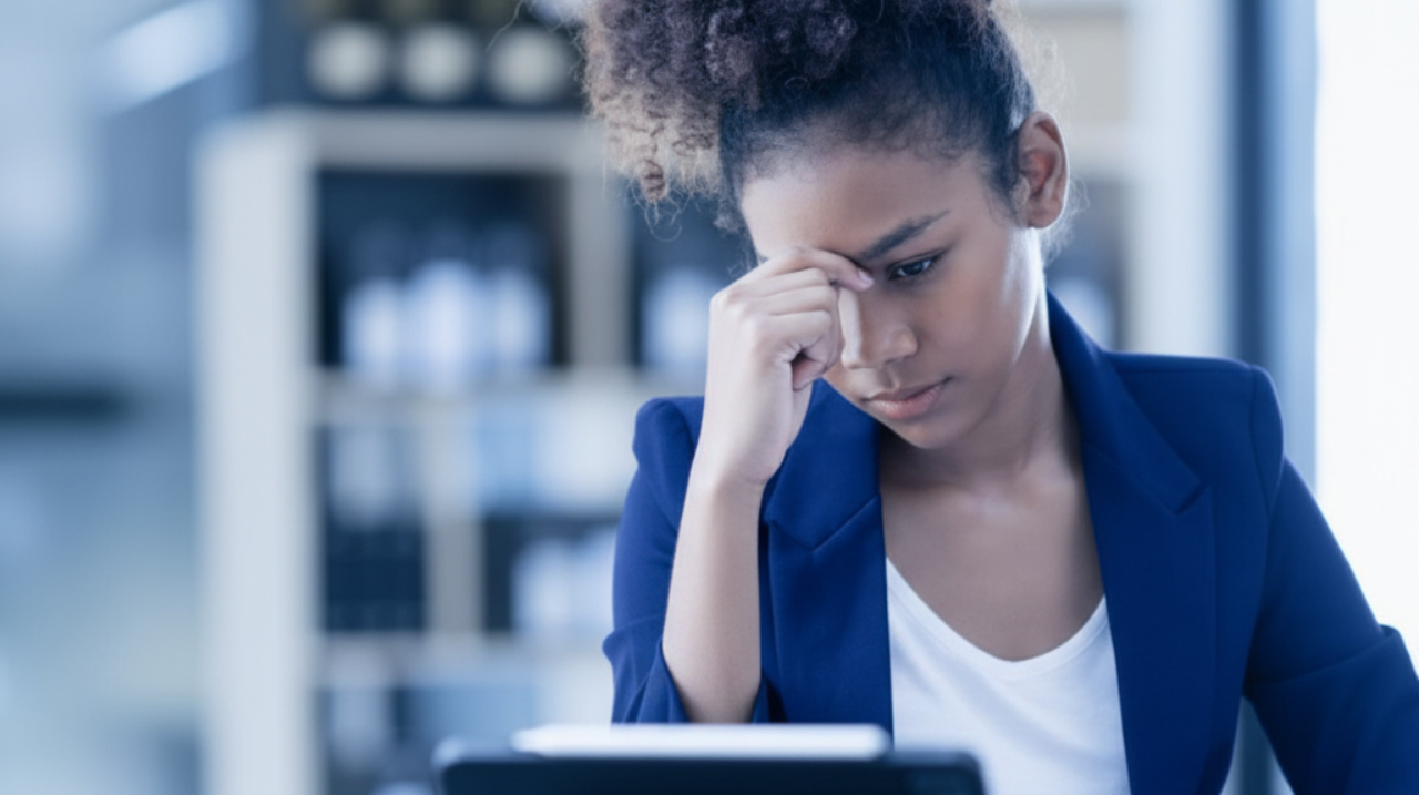A female attorney in a navy blazer stands in a modern office, holding her head in frustration. In the background, a legal team sits around a conference table looking stressed and overwhelmed with Tech