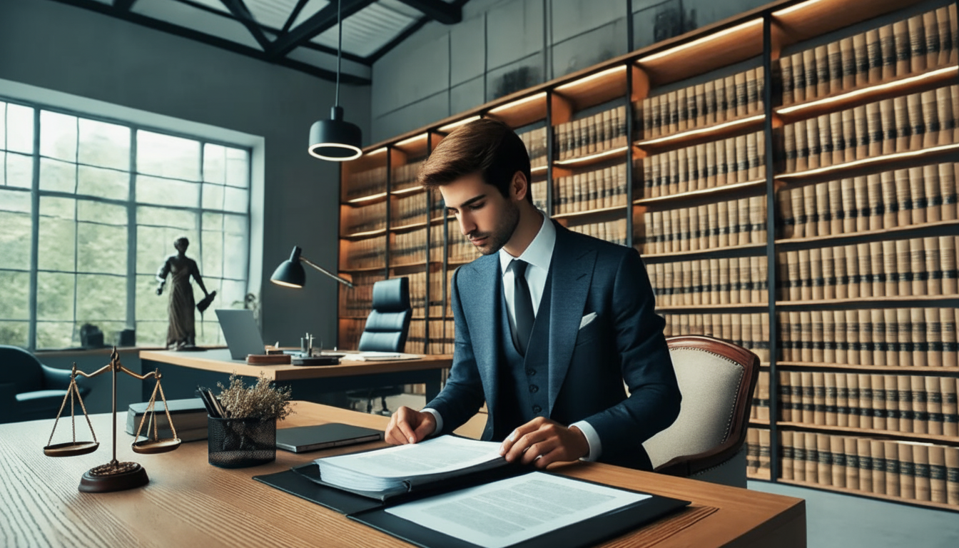 Paralegal using AI tools to review legal documents in a modern law office